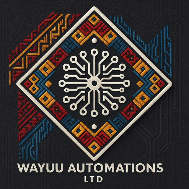 Wayuu Automations Ltd logo: a woven Wayuu pattern framing a circuit