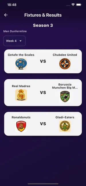 Fitball Pro app: fixtures screen